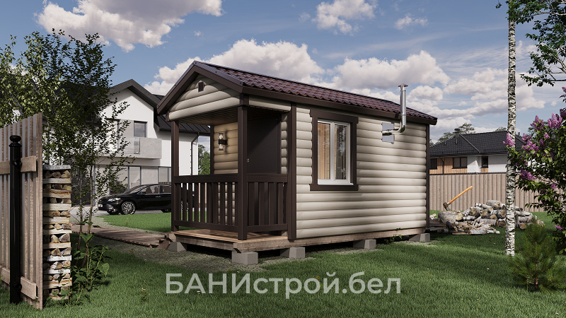 Мобильная баня 4×2.3 м с крыльцом — внешний вид со стороны входной группы