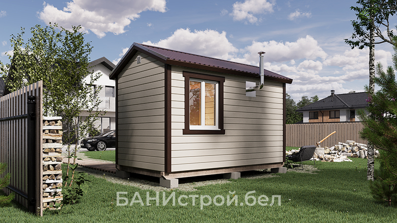 Мобильная баня 4×2.3 м из бруса — внешний вид на участке: отделка, окно, металлочерепица