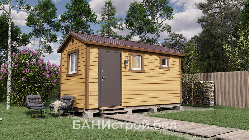 Мобильная баня 5×2.3 м из бруса — общий вид: фасад, окно, крыша