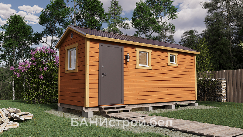 Мобильная баня 6×2.3 м — внешний вид на участке, увеличенный корпус