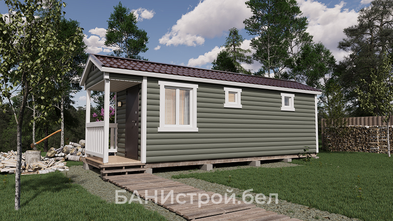 Мобильная баня 7×2.3 м с крыльцом — вид на входную группу и фасад