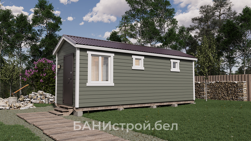 Мобильная баня 7×2.3 м — внешний вид: длинный корпус, окна, металлочерепица